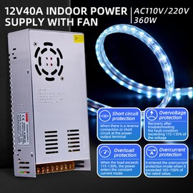 Wazusogok 110v to 12v Converter Power Supply Ac to Dc, Camper Diesel Heater Led Power Supply Ac Dc Adapter 12v Volt Transformer Converter, 480w Output 40a Capacity Switching Power Supply