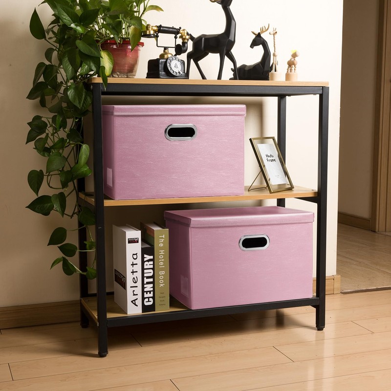 PRANDOM Large Stackable Storage Bins with Lids [3-Pack] Leather Fabric
