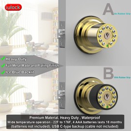 iulock Smart Door Knob with Keypad and Key,Keyless Entry Door Lock with Rubber Grip, Auto Lock,50 User Code,Waterproof, Easy to Install and Program for Bedroom Garage Office Gate (Golden)