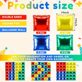 Charnoel 36 Pcs Brothers Birthday Decorations Balloons Brick Square Foil Balloons Wall Backdrop Arch Kit Double Sided Metallic for Cartoon Video Game Party Supplies(Red Green Blue Yellow)
