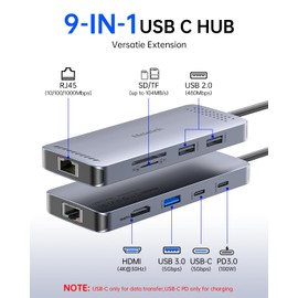 USB C Hub 9 in 1, USB-C Hub Multiport Adapter, USB-C to Ethernet Adapter, Dongle with HDMI 4K@30Hz, 100W PD, Gigabit RJ45, SD/TF Card Reader, USB A&C 3.0, USB C Dock for MacBook, Dell, Lenovo, HP