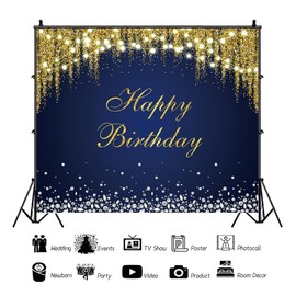 Leowefowa 7x5ft Vinyl Backdrop Navy Blue Happy Birthday Backdrop Blue and Gold Glitter Diamond Photography Background Birthday Party Decor Banner Boys Mens Adult Baby Shower Birthday Party Supplies