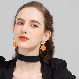 Vavhoo Metal Flower Dangle Earrings for Women Cute Gold Leaf Fairy Statement Summer Refreshing Seaside Idyllic Holiday Earrings (Orange)