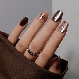 KQueenest Leopard Nägel zum Aufkleben Kurz Sarg - Soft Gel Press On Nails French mit Gepard Gestaltung, Braun Blumen Fake Nails Set, Niedlich Fingernägel zum Aufkleben für Frauen 30 Pcs