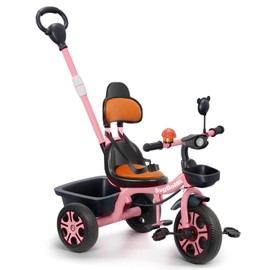 SvgBoMit 2 in 1 Toddler Tricycle with Adjustable Parent Push Handle, Bell, Mirror, Windmill, Floating Belt for Kids, Musical Lights, 3 Wheeled Stroller Gift for Kids 2-5 Years (EVA Wheels) (Pink)