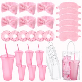 Furbeko 30 Pcs Spa Sleepover Party Supplies for Girls-6 Pink Headband 6 Plush Sleep Eye Mask 6 Velvet Scrunchies 6 Clear Cosmetic Bags 6 Reusable Glitter Cups for Slumber Birthday Favors Gifts