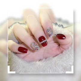 Pure Handmade Nails Press on Nail Reusable Fake Nails Red Gold Rhinestones Bling Bling Nude Medium Stick on Nails French Tip False Nails 10pcs (XS, Q168)