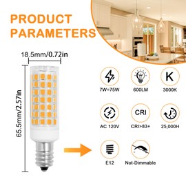 E12 75 Watt Replacement LED Candelabra Bulbs C7, 750LM T6 7W LED E12 Chandelier Light Bulbs for Ceiling Fan Pendant Lighting, Non-dimmable, 3000K Warm White, 5 Pack