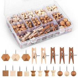 GOOLADA 300Pcs Wooden Push Pins,2 Colors and 7 Types Decorative Thumb Tacks, Cute Thumb Tacks, Wood Pushpins for Cork Board, Wooden Thumbtacks for Bulletin Board, Cubicle Wall, Cork Board Accessories