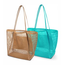 Kalamakala 2Pcs Faltbare Mesh Strandtasche,Große Familie Shopper Tasche Damen für Urlaub Sport,Beach Bags For Women,Shopper für Frauen,Mesh Tote,Umhängetasche (Braun + Grün)