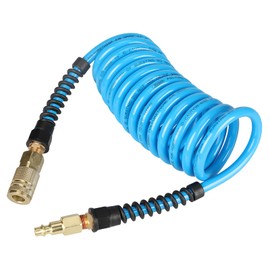 Keepro Durable Polyurethane Recoil Air Hose, 1/4 Inch ID By 10 Feet Long Air Compressor Hose with Repairable Solid Brass 1/4" Industrial Quick Coupler and Plug, 145 PSI Maximum Pressure, Blue