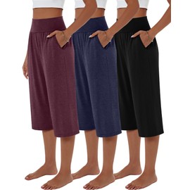 Neer 3 Pack Women Capri Pants, Cotton Wide Leg High Waist Crop Lounge Sweatpants Summer Yoga Casual Workout Pants with Pocket(Black, Gray Blue, Wine Red,XX-Large)