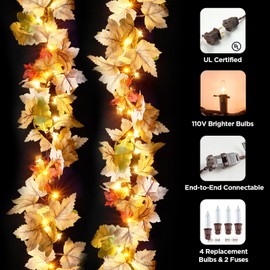 9Ft Fall Garland with Lights Plug in Fall Decorations for Home 50 White Bulbs Connectable Lighted Thanksgiving Garland for Indoor Outdoor Harvest Mantle Fireplace Fall Decor(3 Packs)
