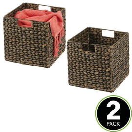 mDesign Natural Woven Hyacinth Closet Storage Organizer Basket Bin - Collapsible - for Cube Furniture Shelving in Closet, Bedroom, Bathroom, Entryway, Office - 10.5 Inches High, 2 Pack - Black Wash