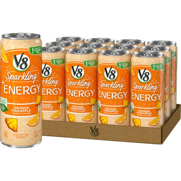 V8 Sparkling +Energy, Healthy Energy Drink, Natural Energy from Tea, Orange Pineapple, 11.5 Ounce Can (Pack of 12)