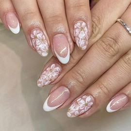 SINHOT Medium Press on Nails Almond Fake Nails Glossy Glue on Nails White Flower Acrylic Nails Stiletto Artificial Nails Gold Glitter Stick on False Nails with French Tip Design 24 pcs