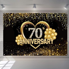 Happy 70th Anniversary Banner Background Decorations, Wedding Anniversary 70th Happy Anniversary Party Poster Accessories Fabric Sign Poster, Black Gold Anniversary Decor, 1.5m
