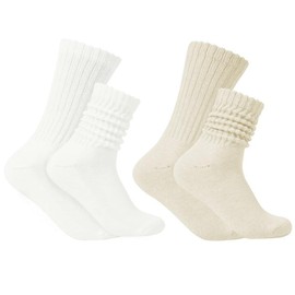 American Trends Slouch Socks for Women Casual Scrunch Retro Crew Socks Solid Color Stacked Tube Socks 2pack White&Beige