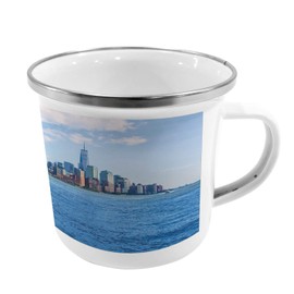 Ambesonne Sailboat Steel Camping Mug, Manhattan Skyline New York Sunshine USA Clear Sky Tower Skyscraper Photography, Printed Thermal Cup for Camping and Outdoor Activities, Blue Grey