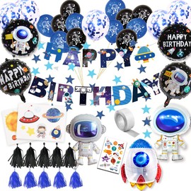 59Pcs Space Birthday Party Supplies Happy Birthday Banner Cupcake Toppers Rocket Astronaut Balloons Universe Planet Themed Party Supplies Birthday Galaxy Theme Party Decorations for Boys Girls
