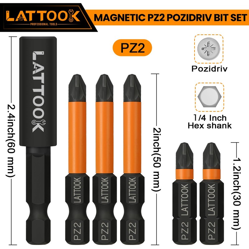 Pozidriv Bit Set, LATTOOK 6-Piece PZ2 Bits Pozi Pozidriv Screwdriver,