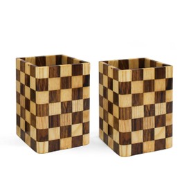 SHOPUKASA 2 Pack Wood Pen Pencil Holder Stand Multi Purpose Natural Wood Pencil Cup Pot Desk Organizer Storage Box (2 Pack Mosaic Pattern)