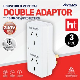 [3PCE] Sas Electrical Double Adaptor Surge Protection Power Indicator 240V 10A 2400W - White