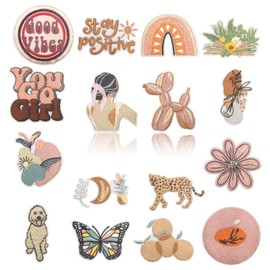 HEYTRCO 16PCS Pink Boho Iron on Patches, Cute Girl Bohemian Rainbow Sunshine Embroidered Iron on Patches for Clothes, Butterfly Custom Applique for Kids, Hats, Jeans, Jackets, Bags, Backpacks, Dress