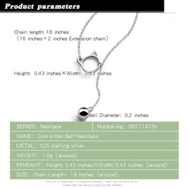 Dankadi Fashion Women 925 Sterling Silver Necklace - Cute Cat/Bell Pendant choker 11x11x5mm - Clavicle Rolo Chain 17 Inch Fine Jewelry Gift