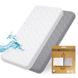 Lilly B. Organic Cotton GOTS 2in1 Pack of 2 Waterproof Crib Sheets, Used Instead of Cot Bed Mattress Protector Compatible with, and All Bedside Cribs, Mini Cribs up to 120x60cm (Stars)