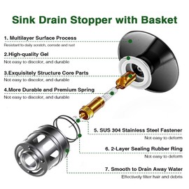 Bathroom Sink Drain with Overflow, Matte Black Sink Drain for Bathroom Sink, Universal Stainless Steel Pop Up Sink Drain, Black Pop Up Drain Stopper with Detachable Basket