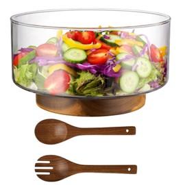 CiCixixi Large Glass Salad Bowl with Acacia Wood Base and Salad Tongs 4.54QT Glass Fruit Bowl Salad Serving Bowls for Kitchen Utensils and Party