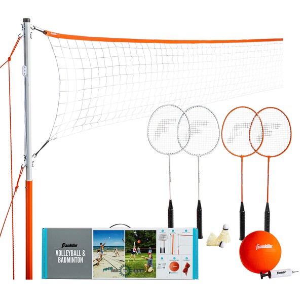 Franklin Sports Volleyball & Badminton Combo Set - Portable Backyard Volleyball & Badminton Net Set - Volleyball, Rackets & Birdie Included - Starter, 50610, Orange/Black,Net size : 20'' x 1. 5''