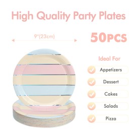 PARTY GO Party Tableware, Pack of 50, Pastel Paper Plates with Silver Rim, Children's Birthday, Party Tableware Set, 23 cm Paper Plates, Paper Tableware for 50 Guests for Birthday Decoration Boys