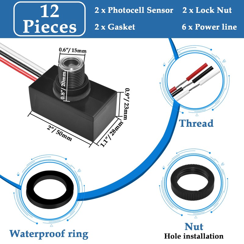 ZDRU 2Pcs Hard-Wired Post Eye Light Control Sensor, 100-277V Auto