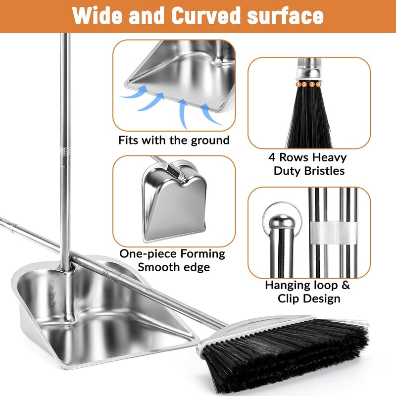 VOOWO Broom with Dustpan Combo Set, 46" Stainless Steel Broom
