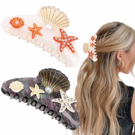 KuuGuu Starfish Hair Claw Clip Sea Animal Hair Clips Summer Beach Starfish Rhinestones Barrettes Cute Seashell Pearl Headdress Medium Non Slip Acrylic Strong Hold Jaw Hair Accessories for Women Girls