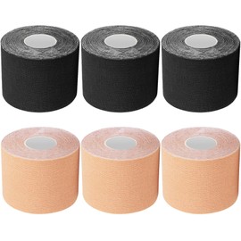CHOIMOKU Sport Tape Kinesiology Tape for Knee Pain 2”Bulk Sports Tape 2 inch Athletic Tape Uncut Core Tape Waterproof Nude Elastic for Muscle Joint Shoulder Pain, 6 Roll Black & Beige