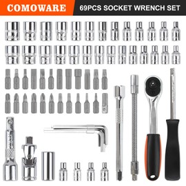 COMOWARE Socket Sets Metric & Standard/Ratchet Set, Mechanic Tools Set 69 Pieces 1/4'' & 3/8'' Drive Socket Wrench Set Extension Bar For Automotive Repair And Home Use
