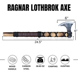 Medieval Viking Axe of Ragnar Lothbrok, Hand Forged Bearded Tomahawk Hatchet with Wall Plaque (Axe + Dark Wall Plaque)