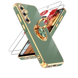 LeYi for A35 5G Case: with Tempered Glass Screen Protector [2 Pack] 360° Rotatable Ring Holder Magnetic Kickstand, Plating Rose Gold Edge A35 5G Case, L-Green