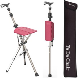 Ta-Da Chair Series 1 Pro, Portable Trekking Hiking Pole, Folding Walking Stick with Seat, Walking Cane with Chair, Foldable Chair, Lightweight Aluminum, Easy Carry and Storage, Anti-Slip (Red)