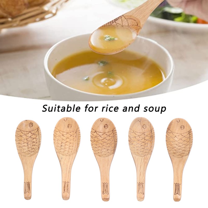 5Pcs Soup Spoon Fish Shaped Carved Wooden Rice Spoon Kitchen