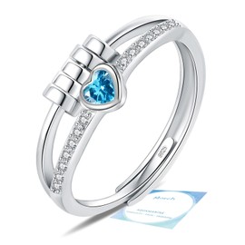 Birthstone Jewellery for Women, Adjustable March Birthstone Cubic Zirconia Ring, Sterling Silver Plated Fidget Gifts, Ocean Blue Anxiety Heart Rings for Daughter Birthday Christmas