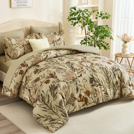Luxudecor King Comforter Set 7 Pieces Bedding Sets, Khaki Floral Comforter and Sheet Set, Soft Microfiber Bed in a Bag for All Seasons (Khaki,104"x90")