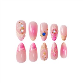 Press on Nails Medium Almond Fake Nails with 3D Flower and Gold Charm Designs Stick on Nails for Women 24 Pcs (Pink-5, M-5)
