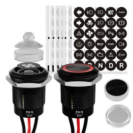 FILN - 2Pcs Black Plated Latching Pushbutton Switch Power Button Includes 180 Replacement Symbols 12V Switch 19mm Mounting Hole 20A IP67 Waterproof Switch for Cars, Boat, Easy Installation (Red)