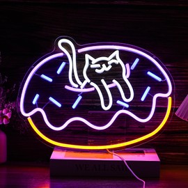 BNEMCEZH Cat Donut Neon Sign LED Donut Food Neon Light Dimmable Cool Cat Light Up Sign for Bakery Dessert Shop Bedroom Decor Cute Donut Cat Anime Sign Light (16.5 * 12.6 In)
