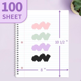 SUNEE Spiral Notebook, 1-Subject, College Ruled Paper, 8" x 10-1/2", 100 Sheets per Notebook, 3-Hole Punched Paper, Water Resistant Cover, Double-sided Pockets, Spiral Lined Notebooks for Work, Purple