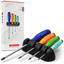 PB Swiss Tools Phillips Screwdriver Set PB 8242.RB | 100% Swiss Made | 4-piece Colored SwissGrip Screwdriver Set Size PH 0/1/2/3, including practical Wall Mount